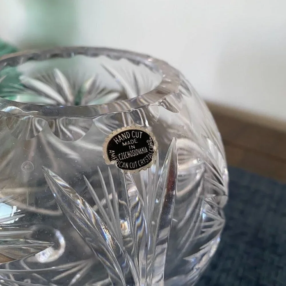 American Cut Crystal Corp Czech Footed Round Rose Vase